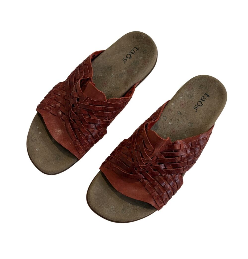 Taos Guru Womens 8 Red Woven Leather Comfort Slide Sandals Artisan Boho